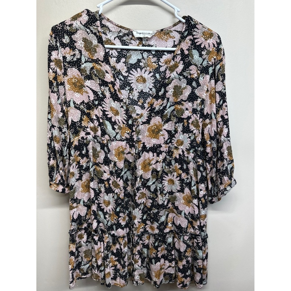 Impressions Small Floral Babydoll Top Black Pink Mustard V Neck‎ Button Front